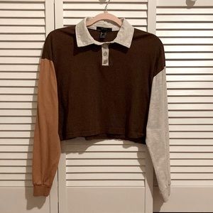 Cute Warm Tone Brown Contrast Color stitching Collar Long Sleeve Polo Crop Shirt